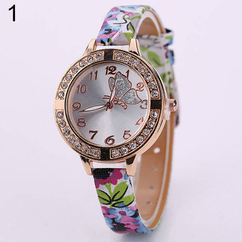 Women Butterfly Rhinestone Flowers Leather Bracelet Quartz