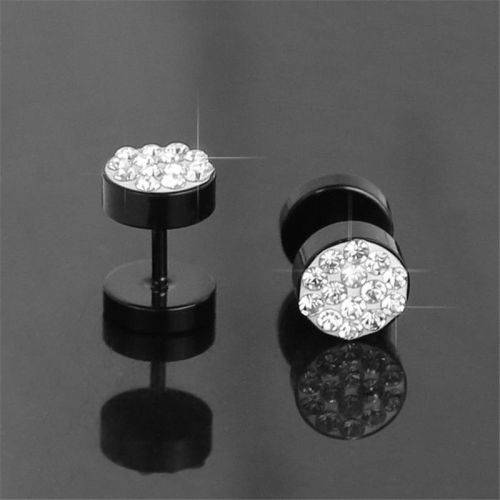 2Pcs Men's Black Barbell Punk Stainless Steel Crystal