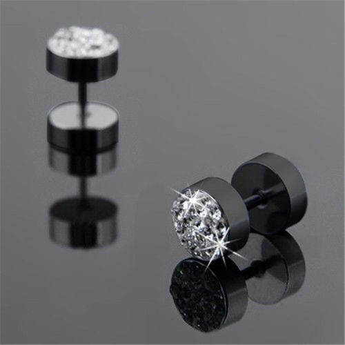 2Pcs Men's Black Barbell Punk Stainless Steel Crystal