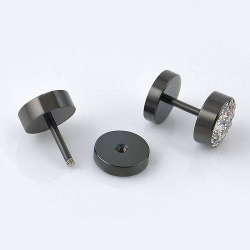 2Pcs Men's Black Barbell Punk Stainless Steel Crystal