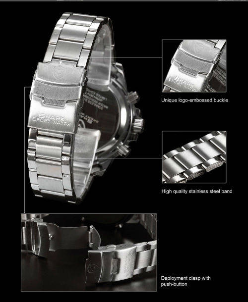 GENUINE SHARK Stylish Mens Black Dial LCD Digital Date Day Alarm Steel Wrist Sport Watch
