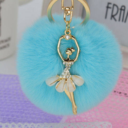 Soft Ball PomPom Charm Keychain Handbag Key Ring - Sky Blue