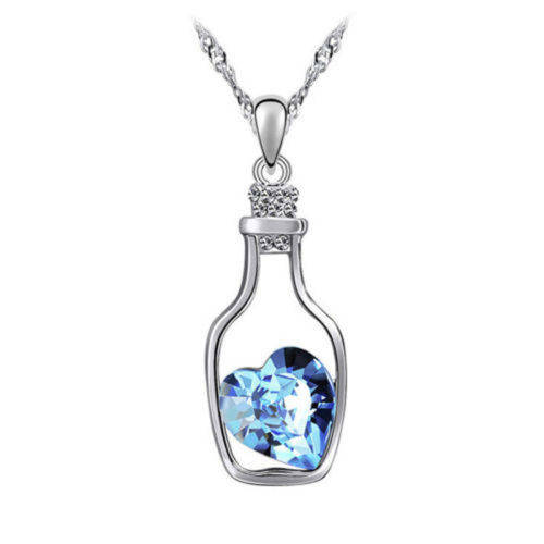 Bottle Blue Crystal Heart Pendant Silver Chain Necklace - Light Blue