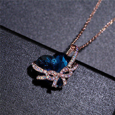 Heart Bow tie Pendant Necklace - Dark Blue
