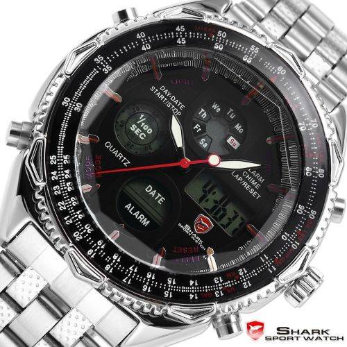 Genuine SHARK Men's LCD Black White Stopwatch Stainless Steel Watch  Ref10