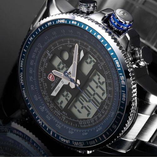 SHARK Fashion Mens Quartz Sport Wrist Watch White LCD Stopwatch Stainless Steel Ref33