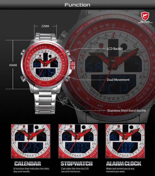 SHARK Men's Sport Wrist Watch LCD Date Stopwatch Stainless Steel Quartz Red Ref45