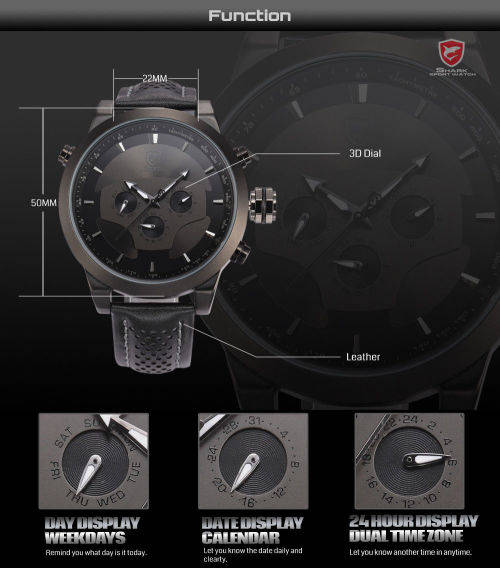 SHARK LED Date Black Red Quartz Stainless Steel Men Sport Wrist Watch Ref46