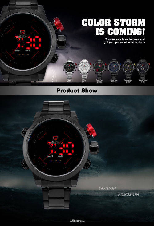 Gulper Shark Luxury Red Date Day Digital LED 3D Steel Sport Quartz Men New Watch Ref 50