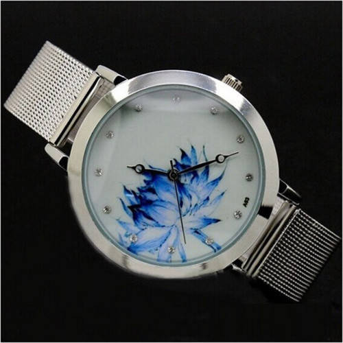 Women Fashion Blue Lotus Stainless Steel Mesh Quartz Wrist Watch