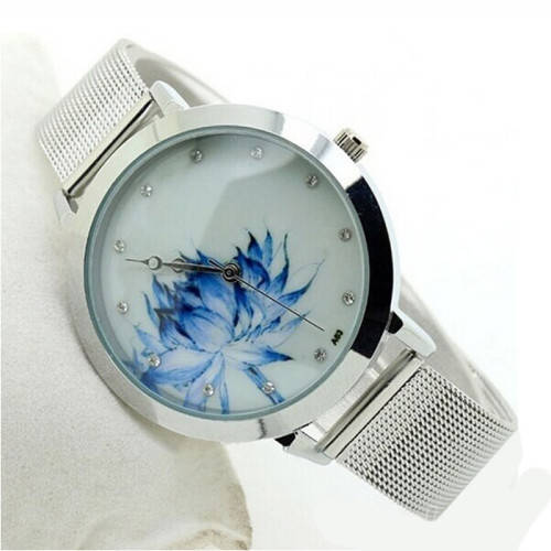 Women Fashion Blue Lotus Stainless Steel Mesh Quartz Wrist Watch