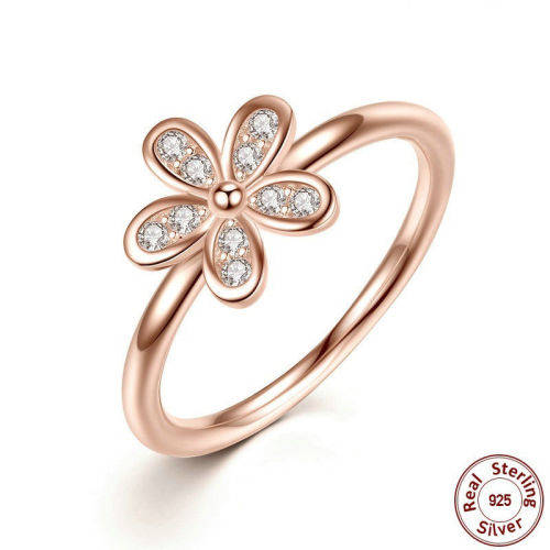 925 Silver Daisy Ring Flower White Topaz Rose Gold Wedding Jewelry Size 9
