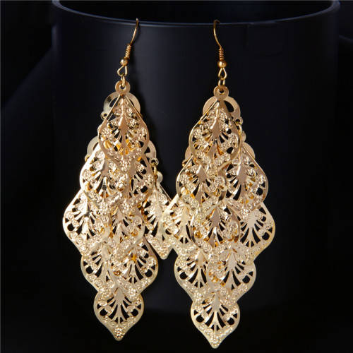 Fashion Earrings Hollow Metal Leaves Leaf Long Dangle - Gold Color