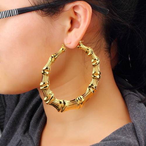 Gold Tone Bamboo Big Hoop Large Alloy Circle Earrings