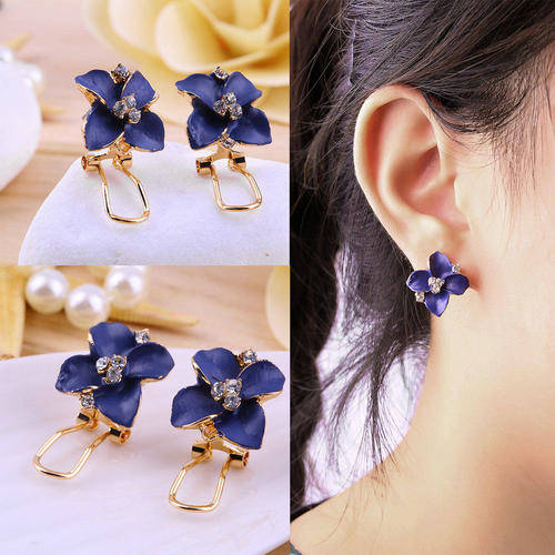 Blue Camellia Crystal Ear Stud Earrings Elegant Jewelry