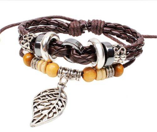 Leather Cute Lots Charm Wrap Bracelet Silver Leaves