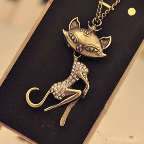 Vintage Sexy Cat Girl Crystal Rhinestone Long Necklace