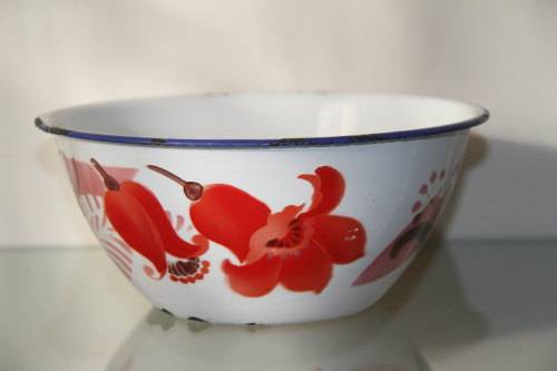 Enamel dish - white with hand-painted floral design