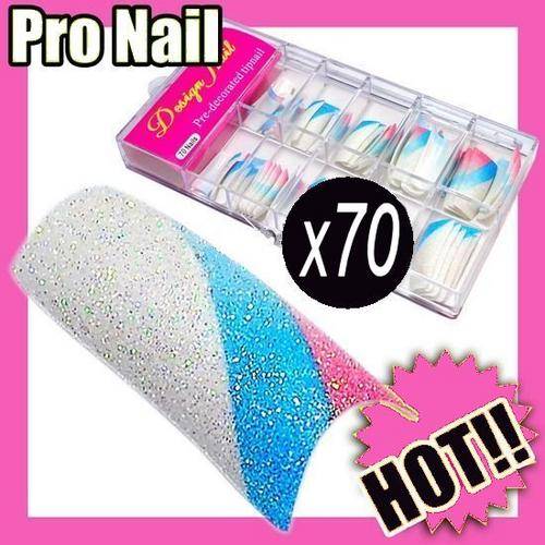HOT!! 70x Pre Design Glitter Acrylic Gel French Nails Tips