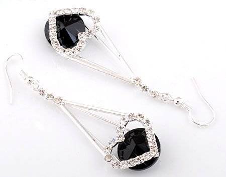 Stunning!! ** Silver & Black Crystal Heart Evening Prom Dangle Earrings**