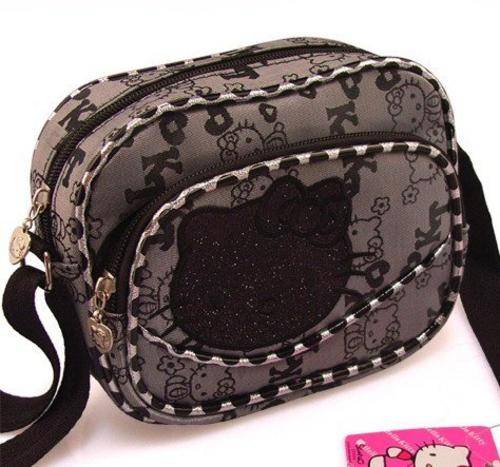 Ladies Hello Kitty Black & Grey Zipper Hand Bag with Shoulder Straps