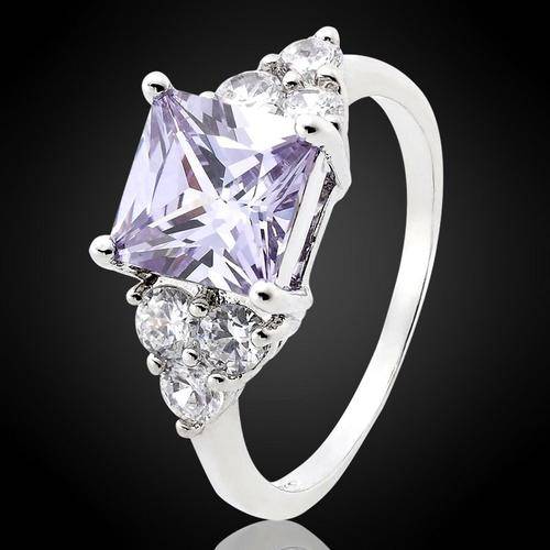 * 18K WHITE GOLD GP SQUARE TANZANITE & CZ RING SIZE 8 / Q *