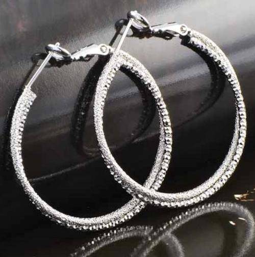 * Real 9K White Gold Shiny Frosted Hoop Earrings Allergy Free *
