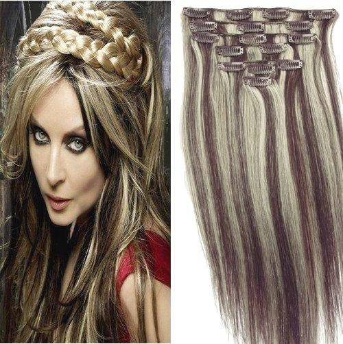 7PCS Set Straight Clip on Hair Extensions  8/613 Dark Brown Blonde Mix