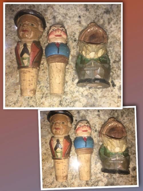 Sought After Vintage Hand Carved Wine Stoppers and a Big Mouth Toothpick Holder