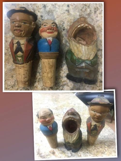 Sought After Vintage Hand Carved Wine Stoppers and a Big Mouth Toothpick Holder