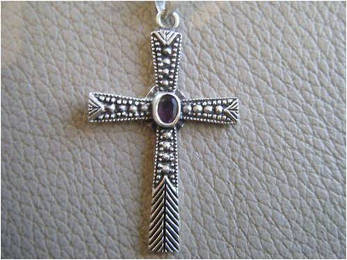 SILVER HALLMARKED CROSS WITH INTRICATE DESIGN AND AMETHYST STONE