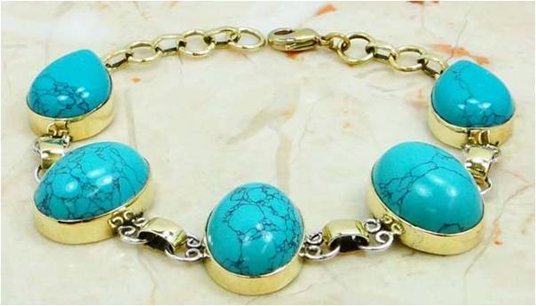 TURQUOISE STONE BRACELET SILVER & BRAAS