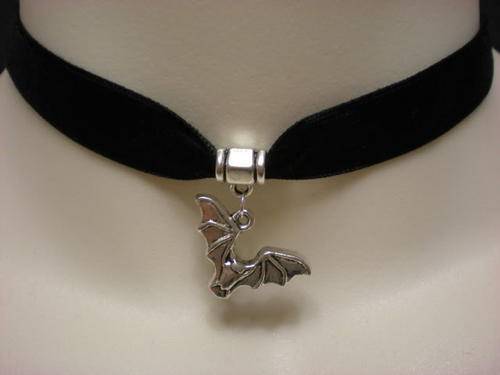 CLASSY GOTHIC CHOKER WITH BAT PENDANT AND BLACK VELVET RIBBON