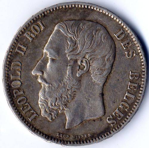 Belgium (Belge, Belgique) Leopold II 1869 5 Francs 900 fine silver