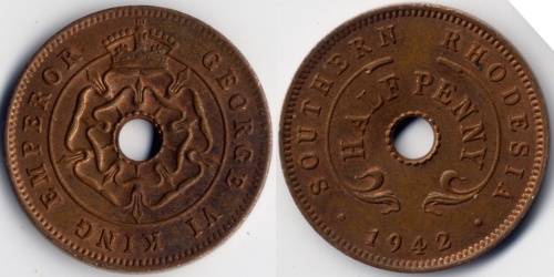 Southern Rhodesia, Shilling 1935, 3d 1932, 3d 1944, 1/2d 1934, 1938, 1939, 1942, 1954