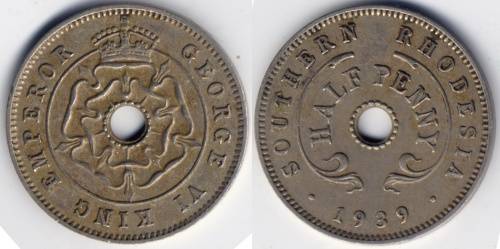 Southern Rhodesia, Shilling 1935, 3d 1932, 3d 1944, 1/2d 1934, 1938, 1939, 1942, 1954