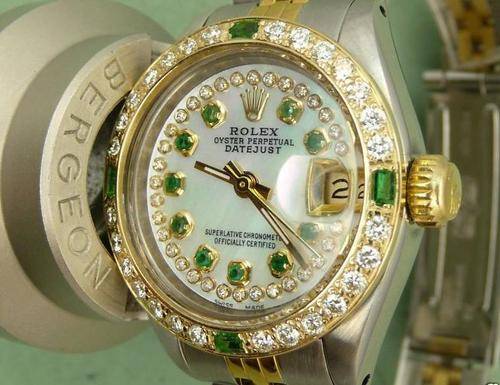 UNIQUE 18ct GOLD LADIES ROLEX PEARL EMERALD DIAMOND WATCH