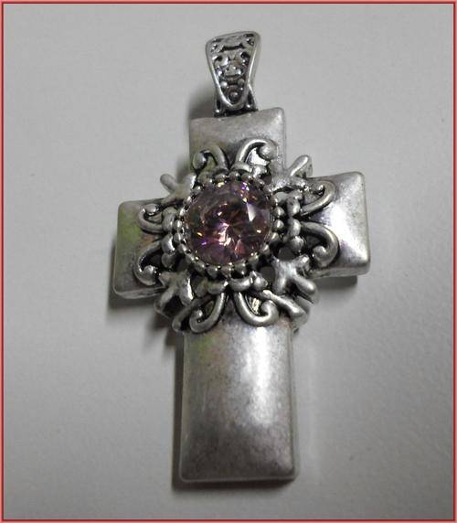Antique Silver Pendant Cross, Pink Rhinestone Inlay, Clip On Bail,60mm x 30mm - Sold Individually.