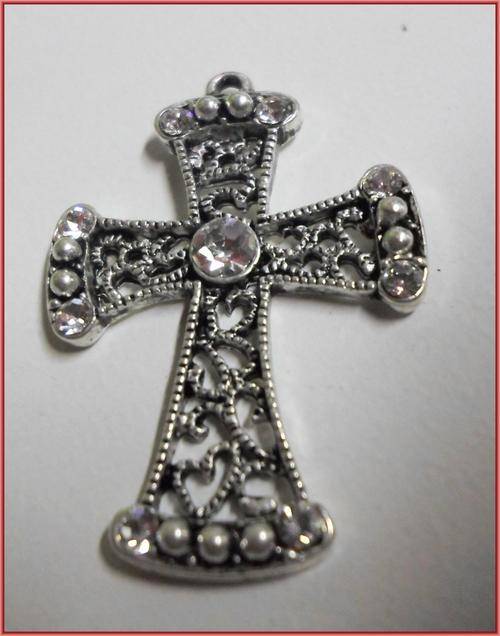 Nickle Pendant Cross,Clear Rhinestone Inlay, 40mm x 28mm - Sold Individually.