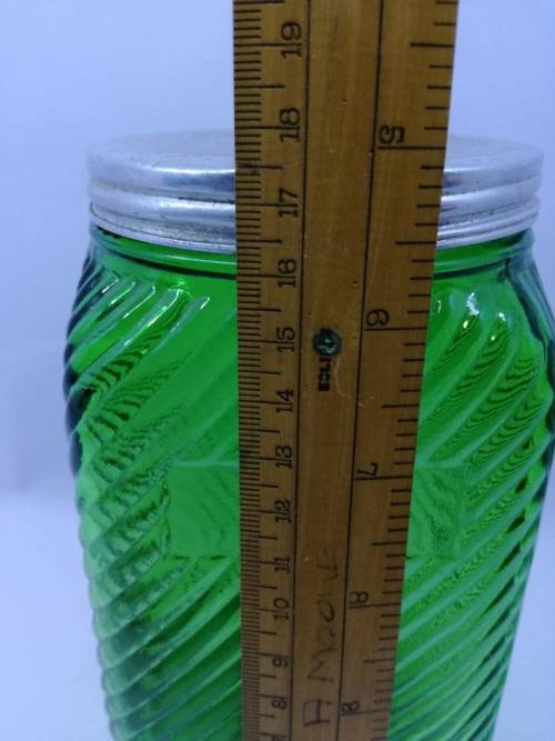 Vintage Emerald Green Ribbed Depression Glass  Canister Jar w Lid - Look!