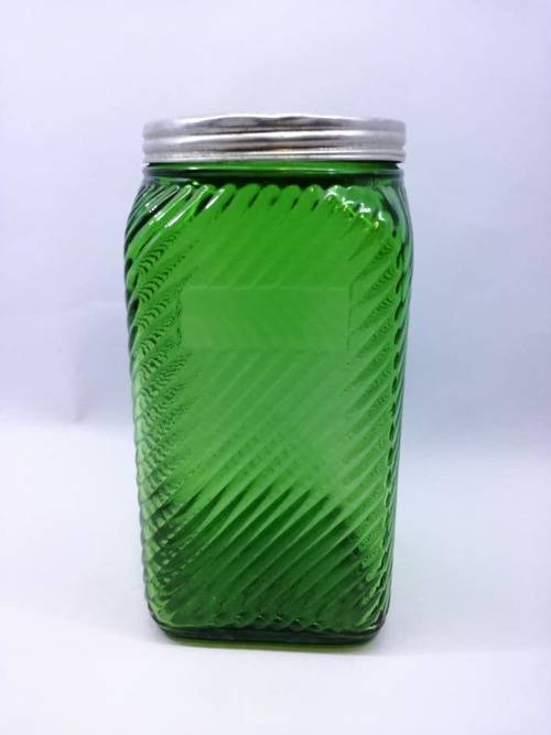 Vintage Emerald Green Ribbed Depression Glass  Canister Jar w Lid - Look!