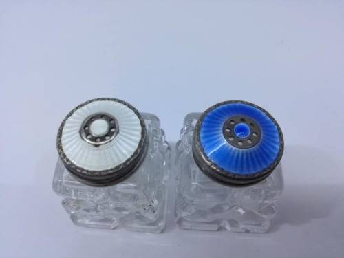 Norway Sterling Silver Guilloche Enamel and Crystal Salt and Pepper shakers