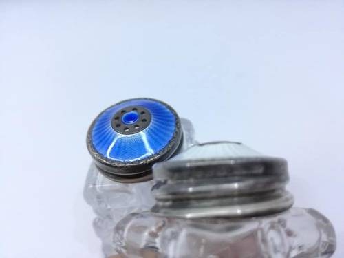 Norway Sterling Silver Guilloche Enamel and Crystal Salt and Pepper shakers