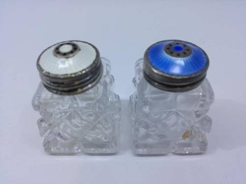 Norway Sterling Silver Guilloche Enamel and Crystal Salt and Pepper shakers