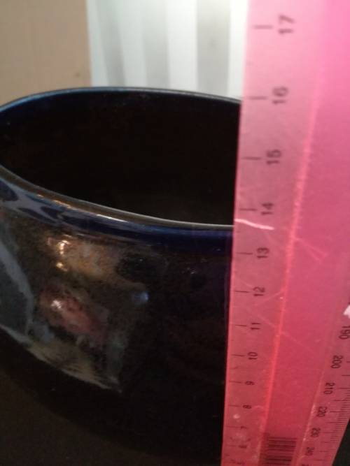 Stunning oval navy blue vase with metal flower frog