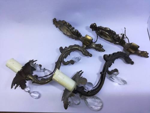 Pair of wall light fittings - some crystals missing