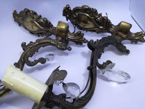 Pair of wall light fittings - some crystals missing