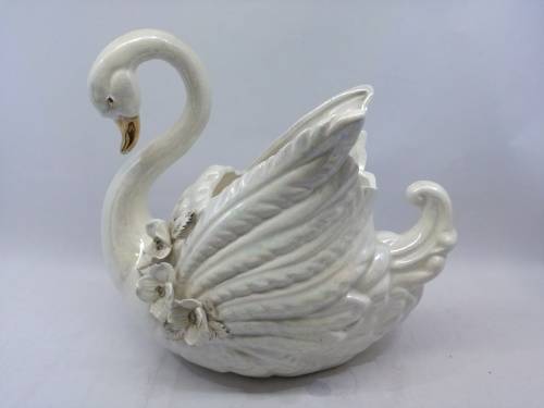 Vintage Pearl lusterware ceramic swan planter, or vase made in Japan - damage to leafs