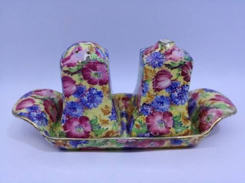 ROYAL WINTON  CHINTZ SALT & PEPPER SHAKERS TRAY 3 PC  FLORAL, some damage, see pics