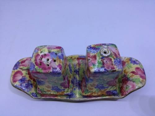 ROYAL WINTON  CHINTZ SALT & PEPPER SHAKERS TRAY 3 PC  FLORAL, some damage, see pics